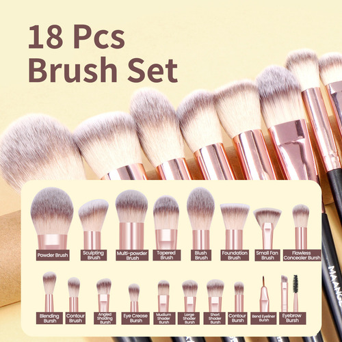 18 Set De Brochas Para Maquillaje Profesional +estuche +caja Color Negro y Oro Rosa