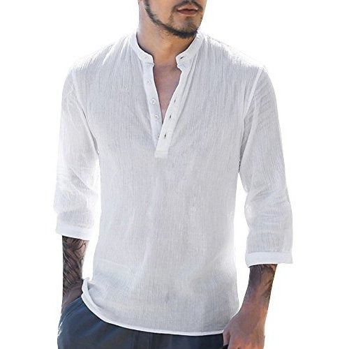 Camiseta Henley De Manga Larga Para Hombre, Algodón, Lino, P