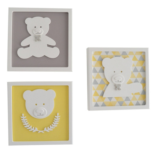 03 Quadros Trio Urso Parede Quarto Menino Bebe Decoração 