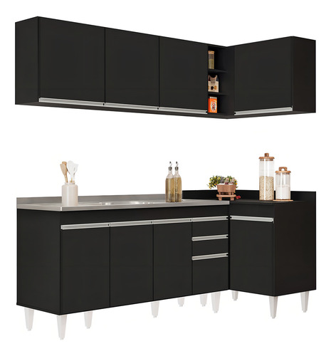 Armário Cozinha De Canto Esquerdo 4 Peças Cp51 Com Pia Inox Pto Cor Preto