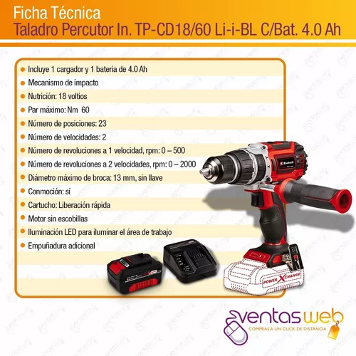 Taladro Percutor Brushless 13mm Einhell Bateria 4 Amp Puntas