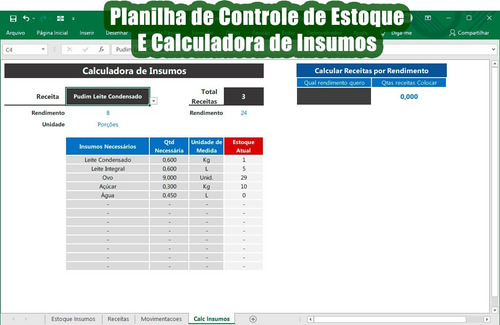 Imagem 2 de 5 de Planilha Excel Controle De Estoque , Receitas E Ingredientes