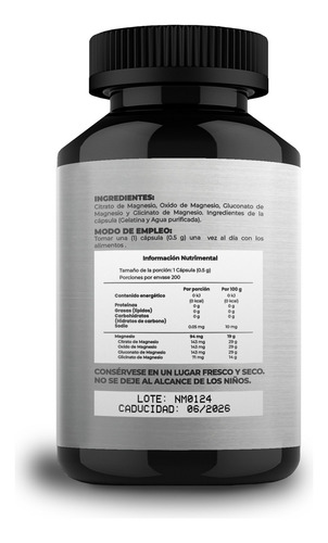 Magnesio Complex 500mg - 200 Cápsulas Por Frasco Sabor Sin Sabor