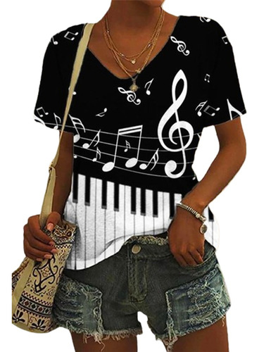 Camiseta Con Cuello En V En Contraste De Notas Musicales