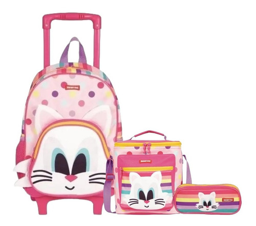 Kit Mochila Infantil Escolar Meninas Gatinha Cat Rodinhas M