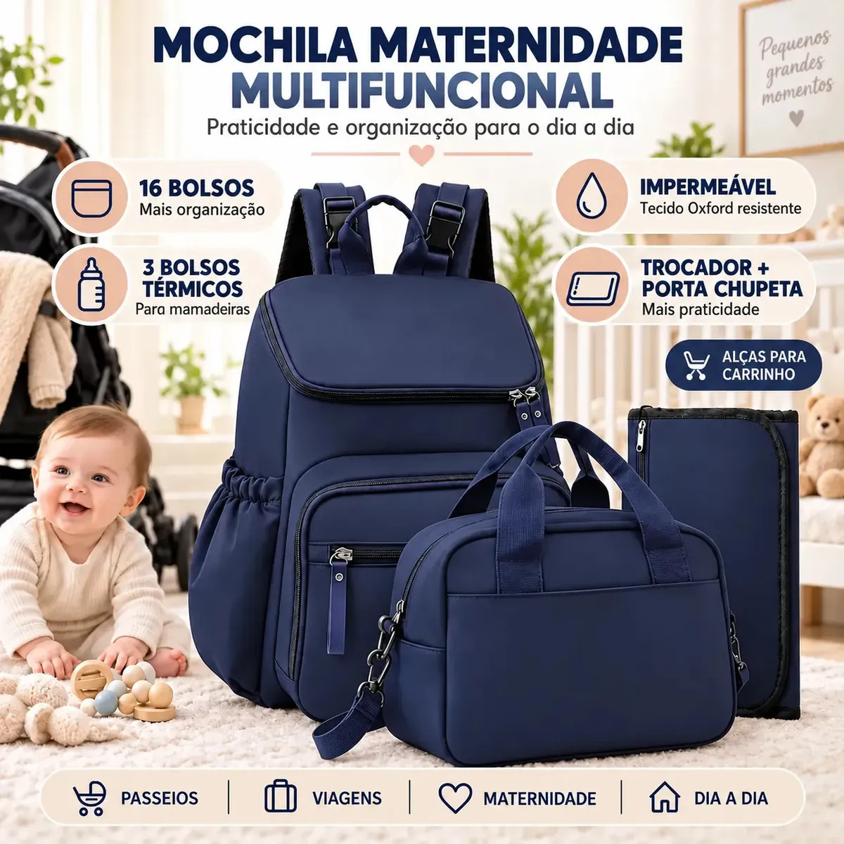 Mochila Maternidade NTESX Impermeável Grande Capacidade, Bolsa de Maternidade com Trocador 16 Bolsos e Compartimento Térmico para Mamadeira, Bolsa Bebê para Viagem, Passeio e Uso D