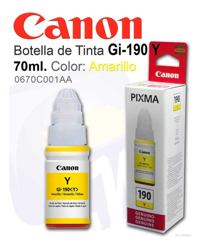 Imagen 1 de 1 de Canon Tinta Gi-190 Y Botella De Tinta Amarilla Con 70ml