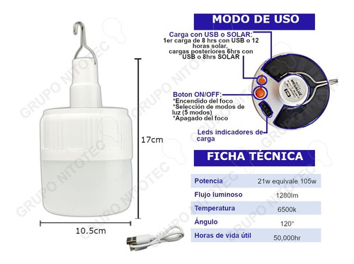 Foco Led Emergencia Recargable Solar Portatil 21w Potencia