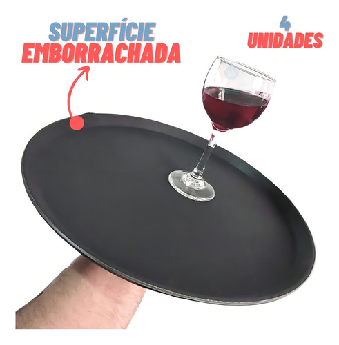 Kit 4 Bandeja Profissional De Garçom Antiderrapante Redonda