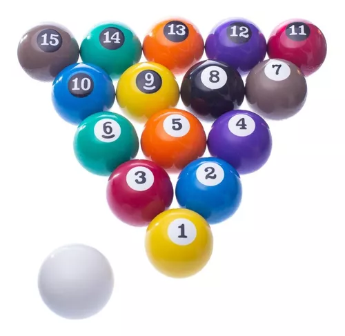 Três bolas de bilhar com números um, dois, três e o taco um