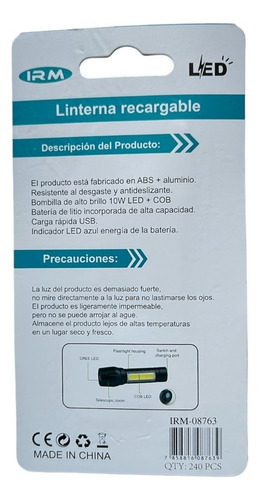 Linterna Led Recargable De Mano Usb Zoom Puerto V8 1200 Mah