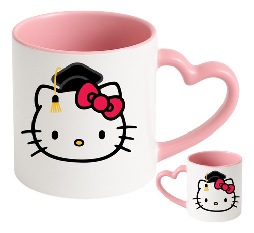 Taza Cerámica Asa De Corazón Hello Kitty Graduación 320 Ml Rosa