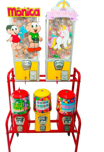 Kit Completo 5 Máquinas De Bolinhas Pula Pula + Produtos + Rack