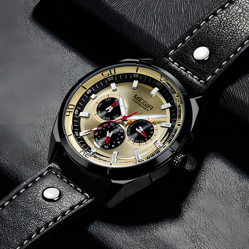 Relojes De Cuarzo Megir Calender Leather Business Color Del Fondo Dorado