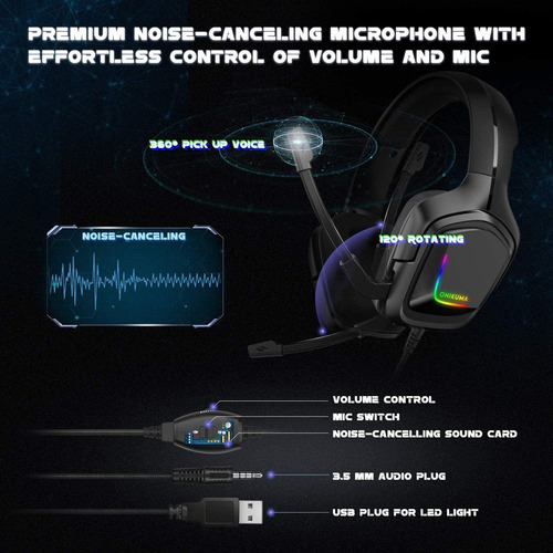 Audífonos gamer Onikuma K20 negro con luz rgb LED