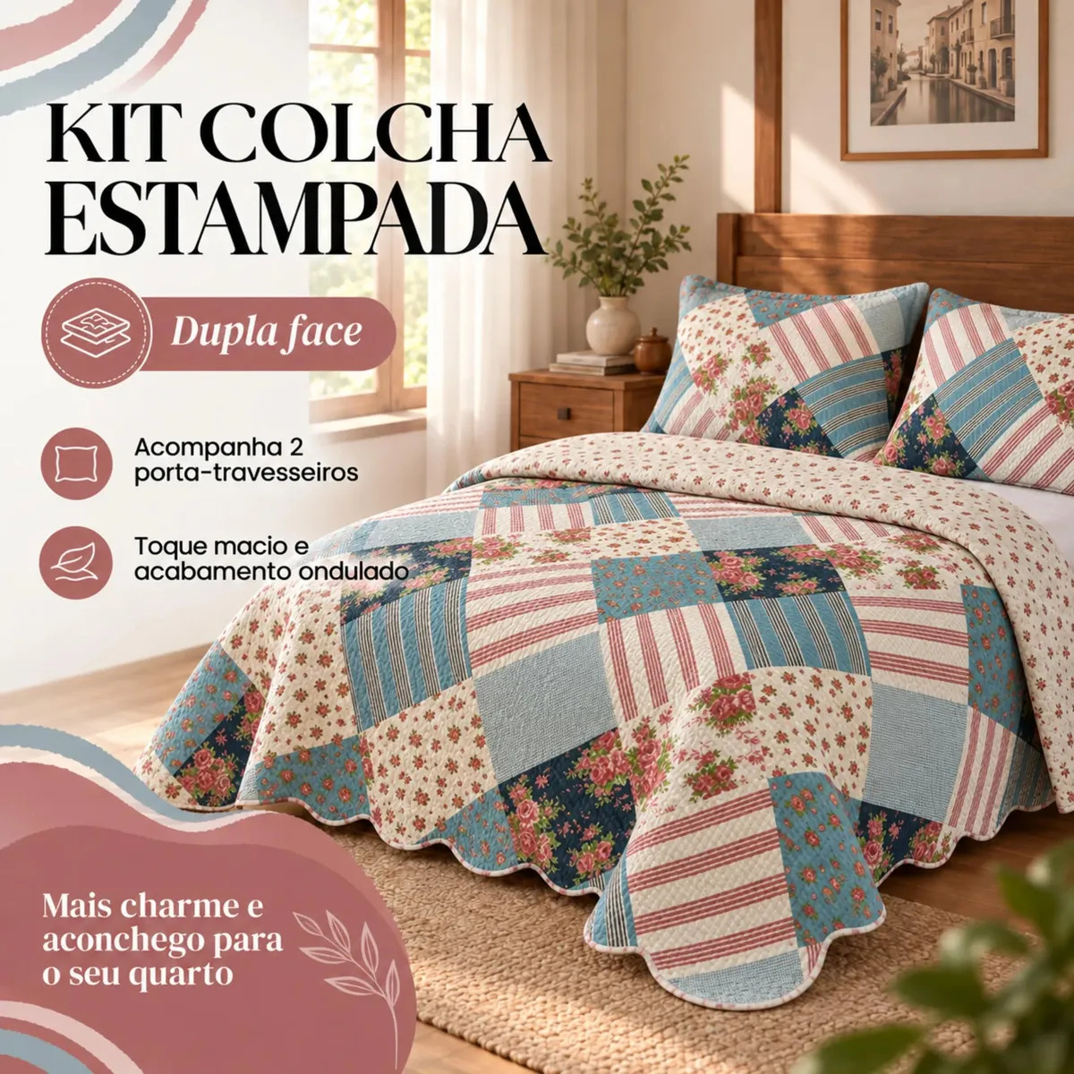 Kit Cobre Leito Colcha Boutis Cama Queen Dulpa Face 3 Peças Porta Travesseiro