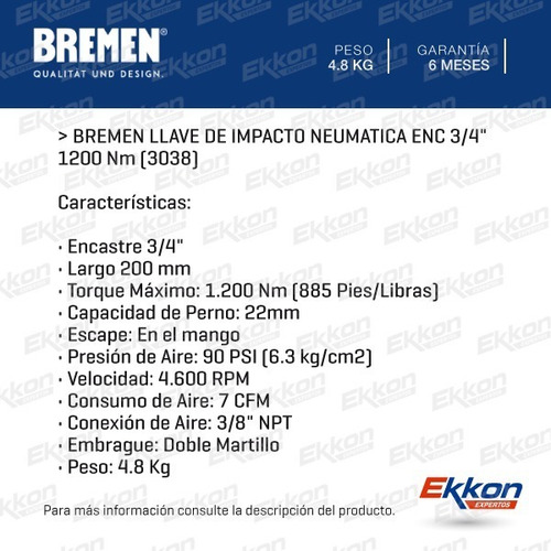 Imagen 2 de 8 de Llave Pistola Neumática Bremen Encastre 3/4 PLG 1200 Nm