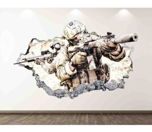 Vinilo 3d Pared Rota Militares Soldados Warzone Decoración