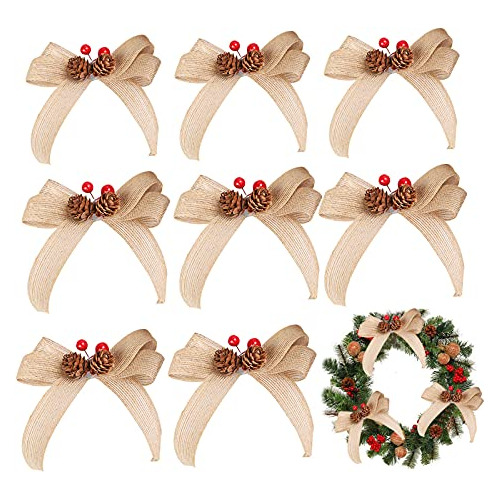 8pcs Christmas Bow Burlap Bowknot Set Pine Vintage Cone...