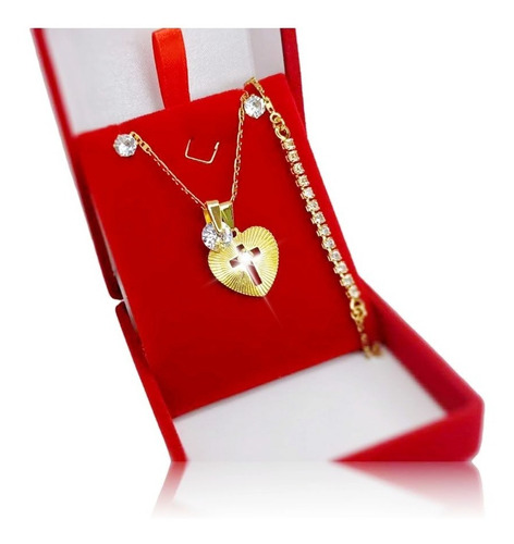 Imagem 1 de 5 de Colar E Brinco Pulseira Coração Ouro 18k Presente C/garantia