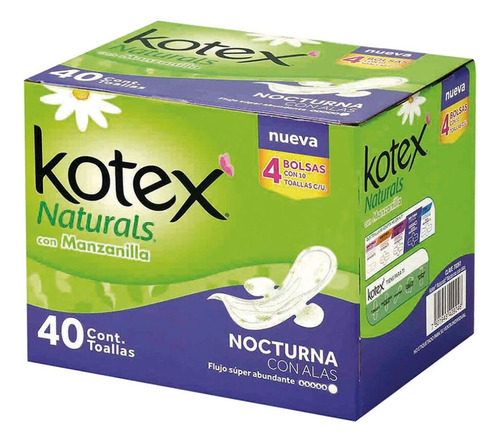 Kotex Toalla Femenina Nocturna Con Manzanilla Caja Con 40pzs