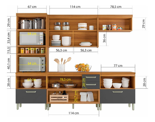 Cozinha Modulada 4 Peças Ripado Torre Quente Princesa Mdf Cor Freijo com Grafite