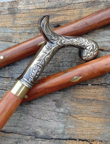 Bastón De Madera Con Mango De Latón Macizo Antiguo Nuevo
