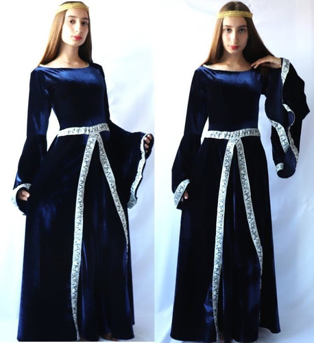 Vestido Fantasia Medieval Luxuoso Azul Escuro 