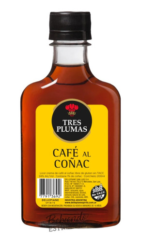 Licor Tres Plumas Cafe Al Coñac  200ml Pack 12  Unidades