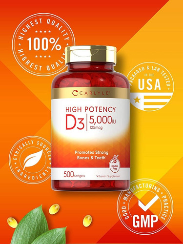 Imagen 4 de 8 de Vitamina D3 5000 Ui / Iu 500 Softgels - Family Pack !