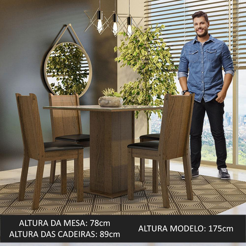 Mesa de comedor con tapa de cristal, 4 sillas Perla Madesa Rcp, color rústico/crema/negro sintético