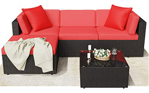 Set Muebles Patio Rattan 5 Piezas Cojines Rojos