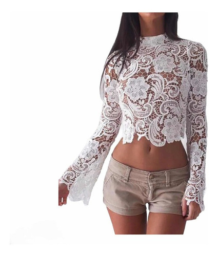 Blusa Blanca Manga Larga Crop Top Encaje Flores