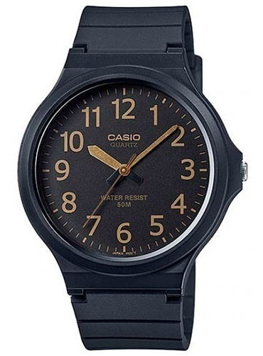 Reloj pulsera Casio Youth MW-240-1B2 de cuerpo color negro, analógico, para hombre, fondo gris oscuro, con correa de resina color negro, agujas color dorado y negro, dial dorado, minutero/segundero dorado, bisel color negro y hebilla simple