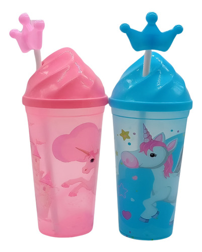 Vasos Reutilizables Plástico Tapa Popote Unicornio 24 Pz. Color
