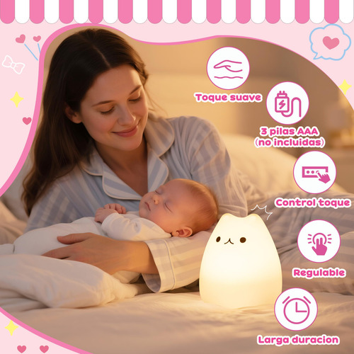 Luz Nocturna Gato Silicona 7 Colours Para Bebé Niño Regalos