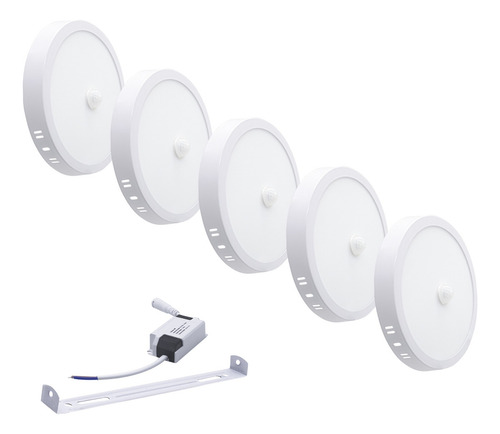 Kit 5 Painel Plafon Sobrepor 18w C/ Sensor Led Redondo Frio