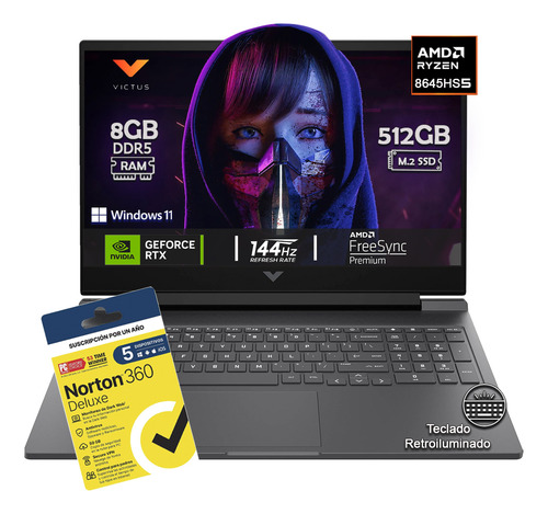 Laptop Victus Hp Gaming 15-fb2082wn Amd Ryzen 5-8645hs 512gb Ssd 8g B Ram Ddr5 Geforce Rtx 4050 Fhd 144 Hz W11h + Antivirus Norton 360