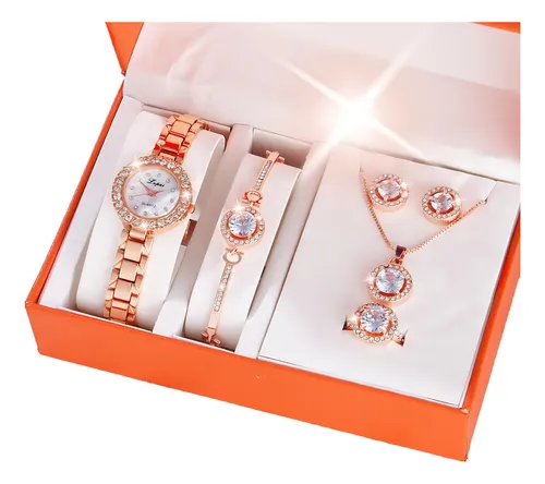 Juego De Reloj Y Joyas En Caja De Elegante 5 Piezas Color De La Correa Oro Rosa/negro
