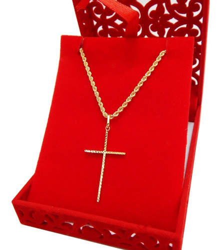 Cordão Baiano Colar Com Pingente De Cruz Palito Ouro 18k