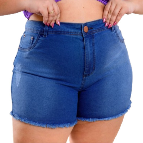 Short Jeans Feminino Plus Size Cintura Alta Com Lycra Curto