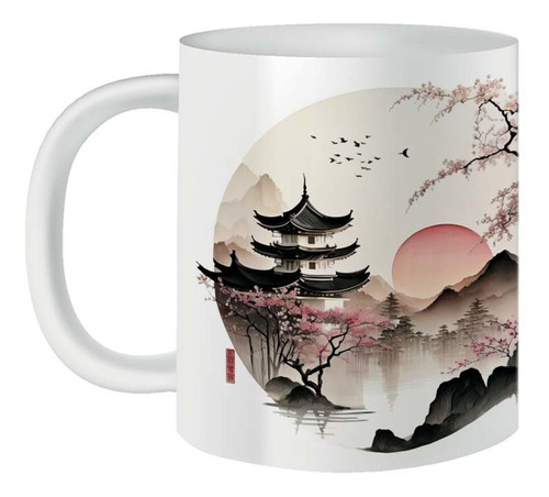 Caneca Porcelana Decorativa Japão Oriental Por Do Sol Fuji