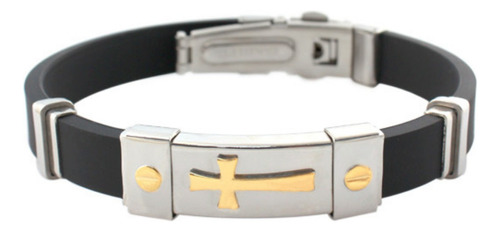 Pulseira Masculina Aço 316l, Cruz Banhada Ouro 18k
