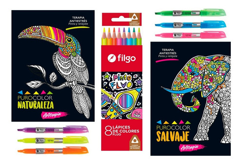 Kit Puro Color De 2 Libros + Lápiz Fluo + Resaltadores Filgo