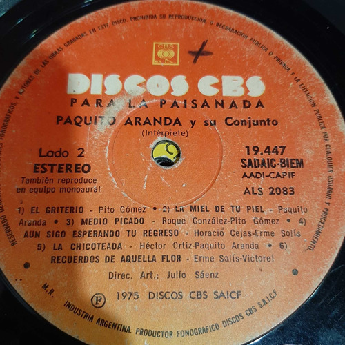 Sin Tapa Disco Paquito Aranda Su Conj Para La Paisanada F0