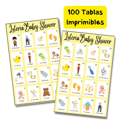 Juego Imprimible Loteria Baby Shower 100 Amarillo Unisex Pdf