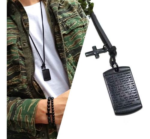 Colar Masculino Couro Ajustável Pai Nosso 10 Mandamentos