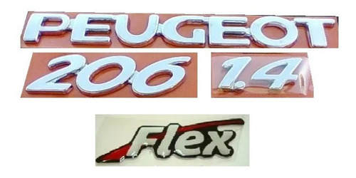 Emblemas Peugeot 206 1.4 Flex Letreiro Cromado ( Kit 4 Pçs )