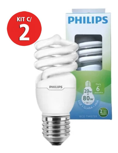 Kit 2 Lampada Eletrônica 20w Espiral Branca 220v Philips