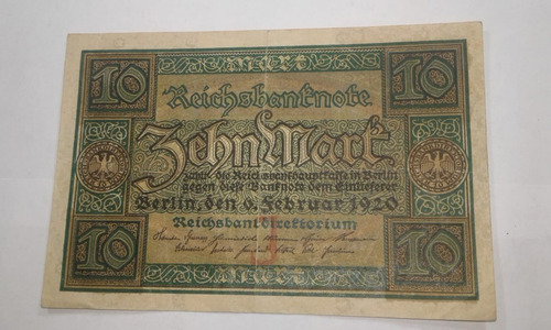 Billete De 10 Marcos Alemania - 1920 Reich Bank-v.f. (Usado)